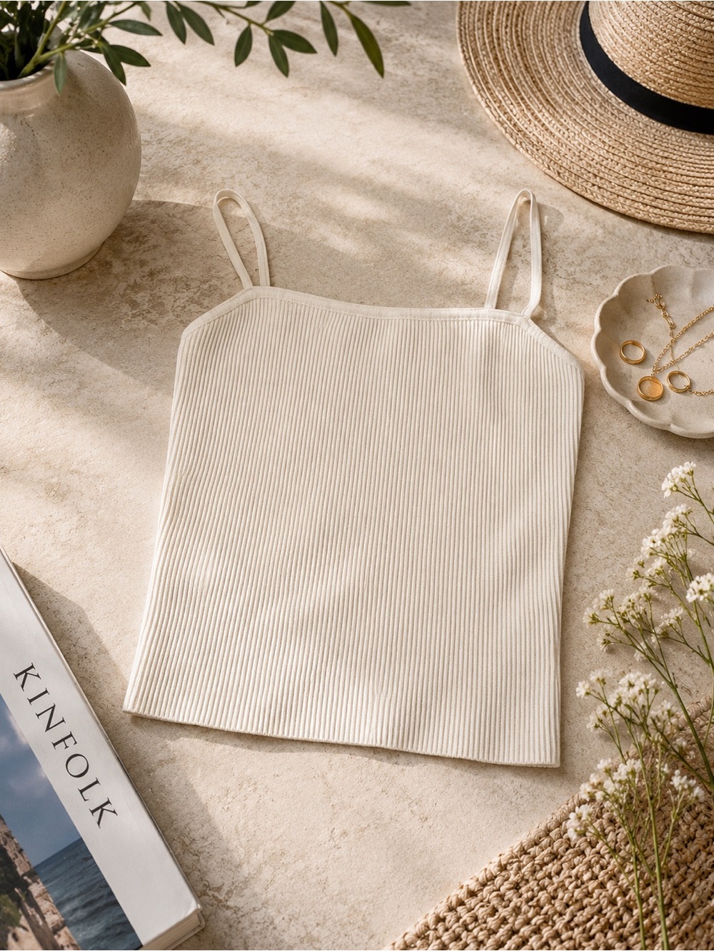 Babaton by Aritzia Cream Ribbed Square-Neck Camisole